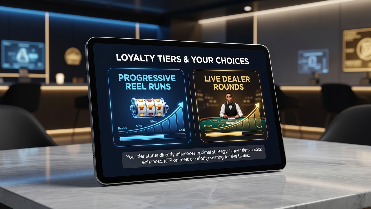 Smartphone-Display mit Vergleich von progressiven Reel Runs und Live Dealer Sessions unter Treuelevel