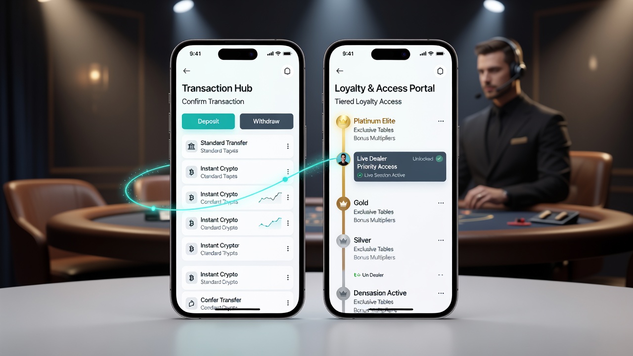 Detailansicht einer mobilen App mit Loyalty-Status und Transaktionsverlauf während einer Live-Dealer-Session