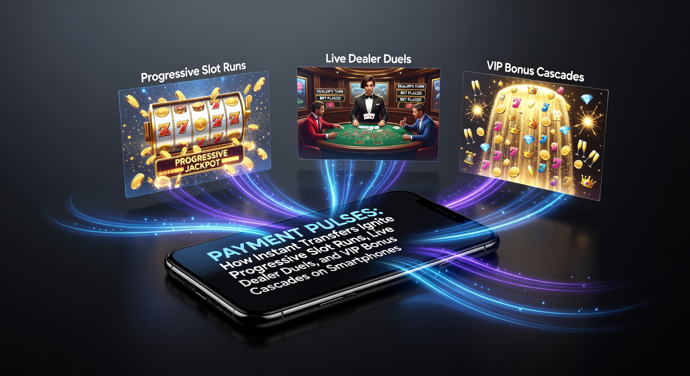 Smartphone mit laufendem Progressive Slot und Sofortzahlungs-App im Vordergrund, während ein Live-Dealer-Duell im Hintergrund pulsiert